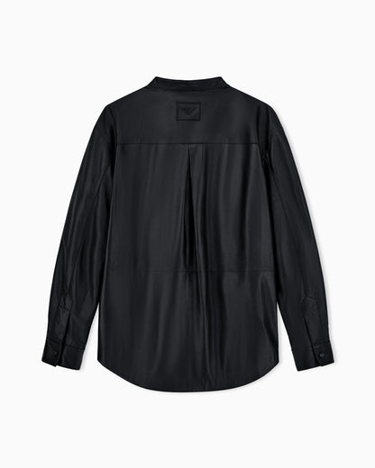 Leather shirt with stand-up collar and snap buttons