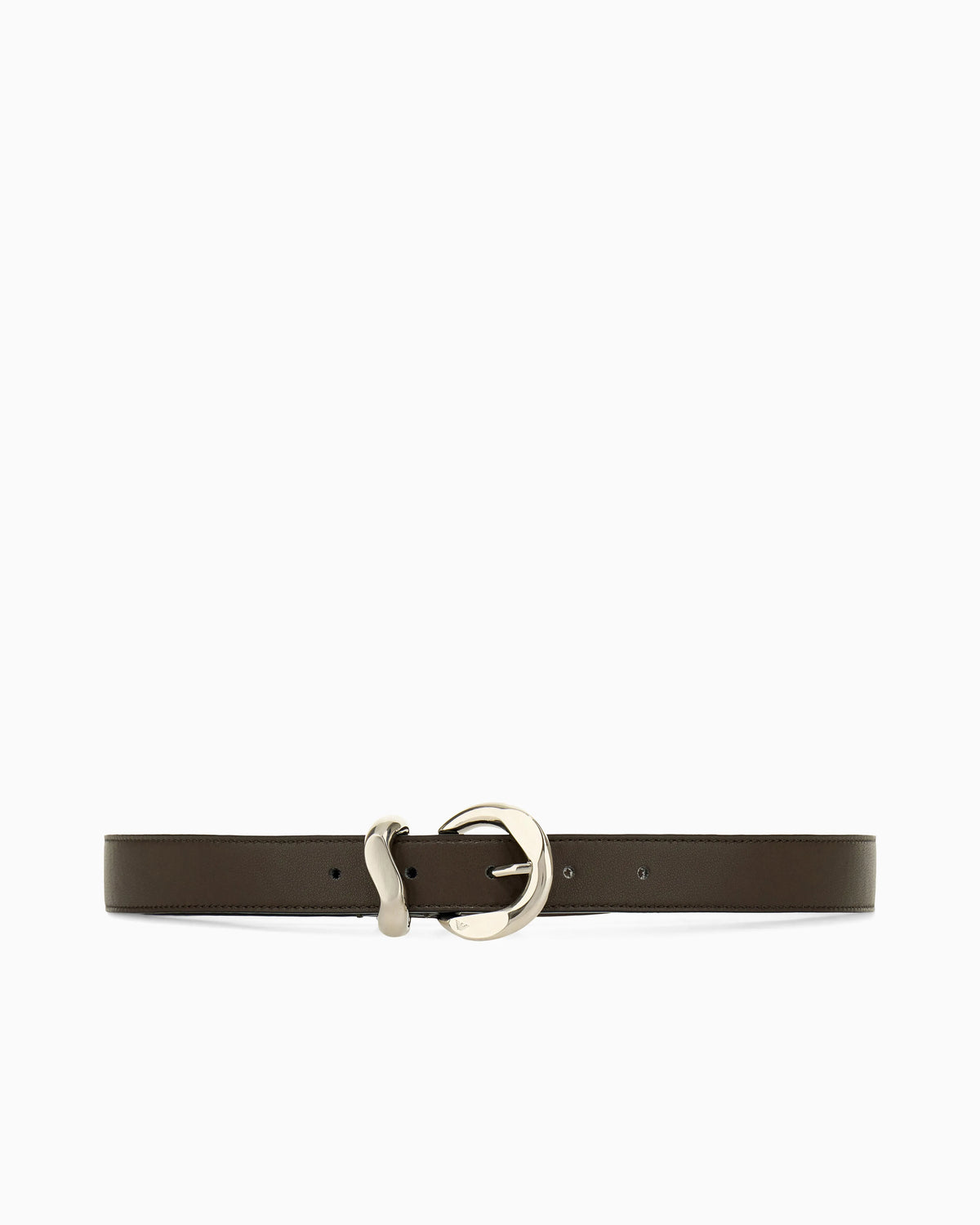 Leather tongue belt with a polished metal buckle