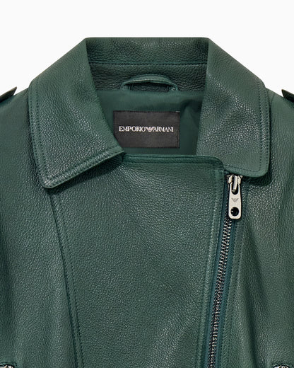 Belted leather biker jacket with an asymmetrical zip
