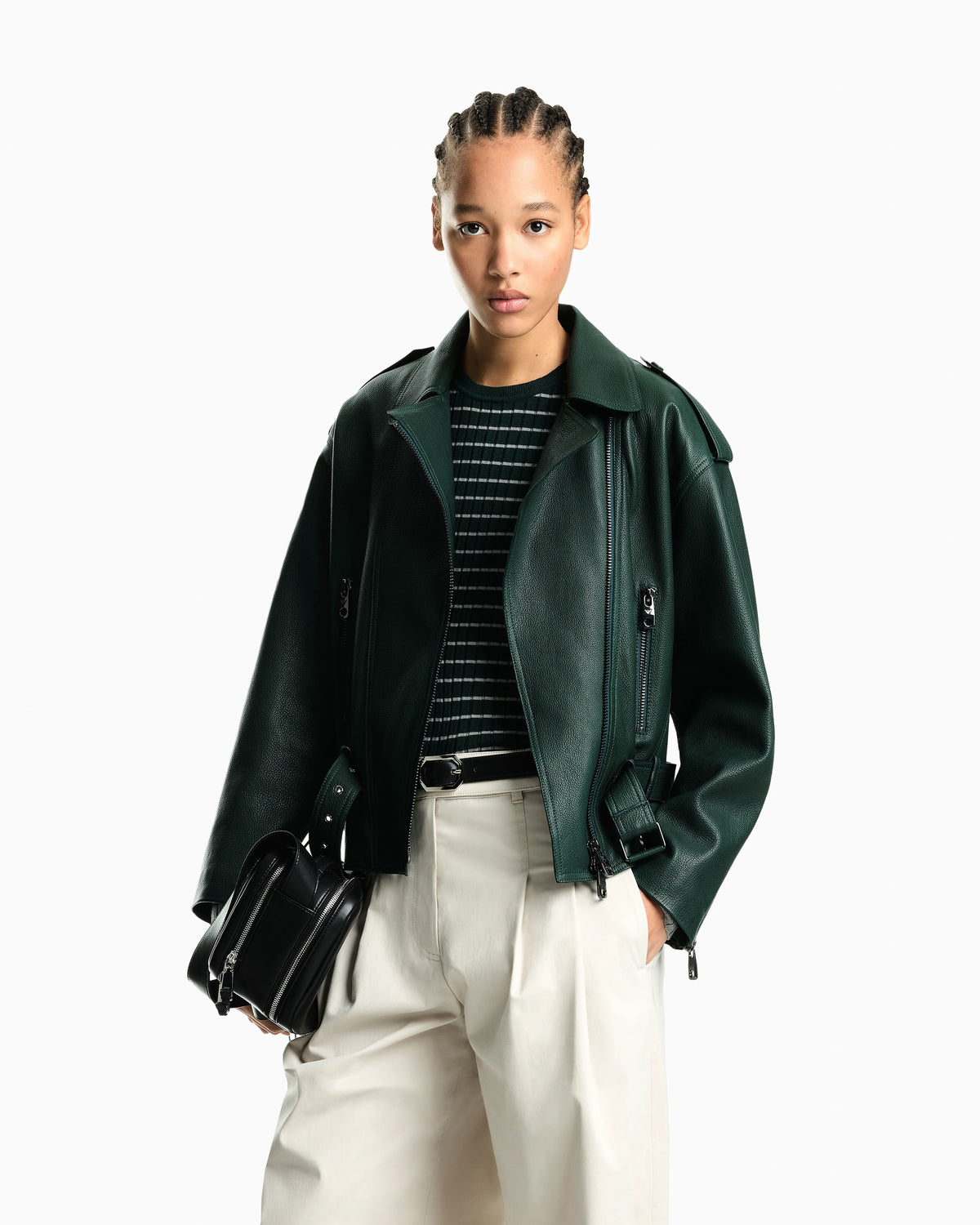 Belted leather biker jacket with an asymmetrical zip