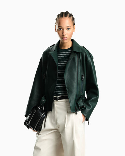Belted leather biker jacket with an asymmetrical zip