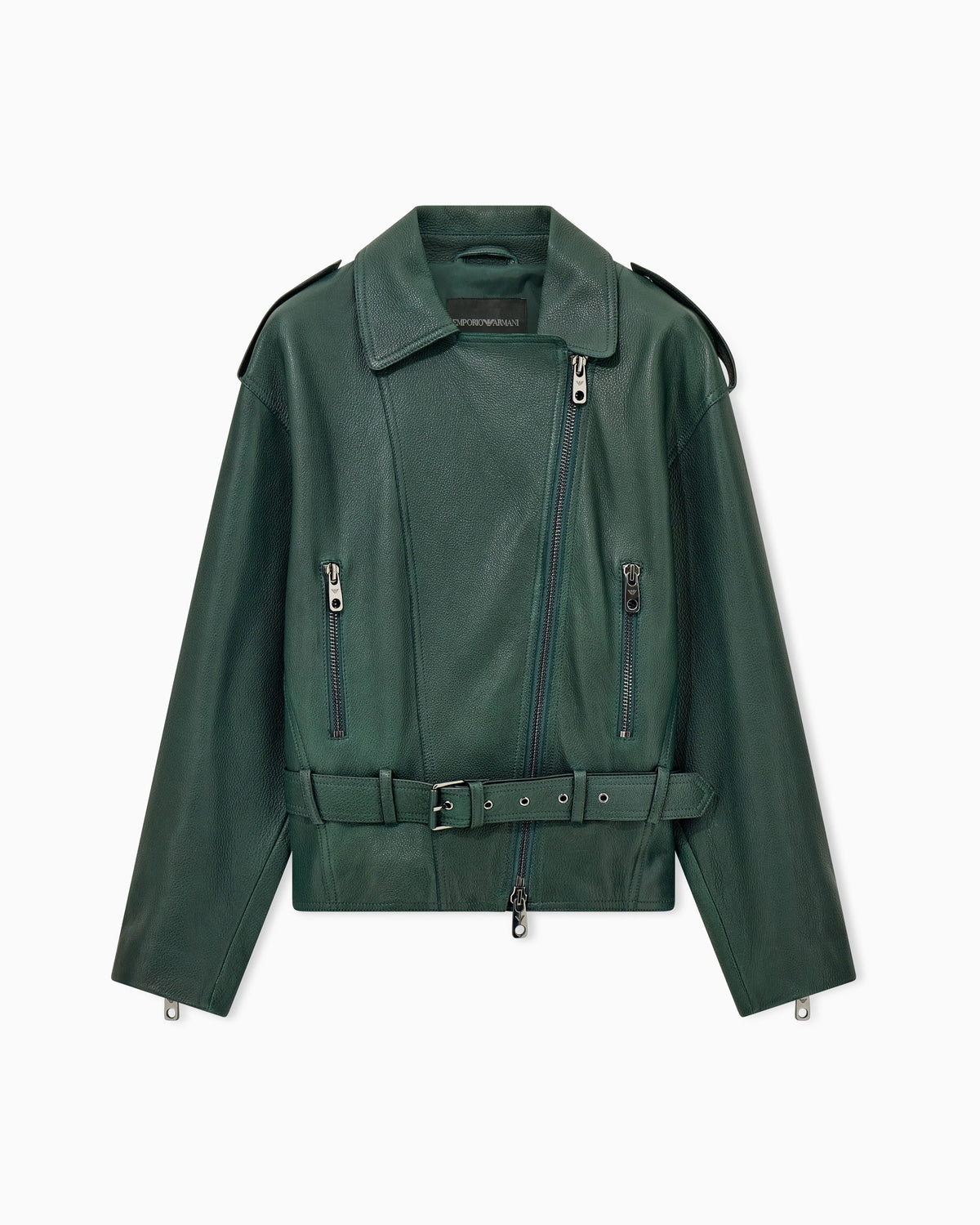 Belted leather biker jacket with an asymmetrical zip