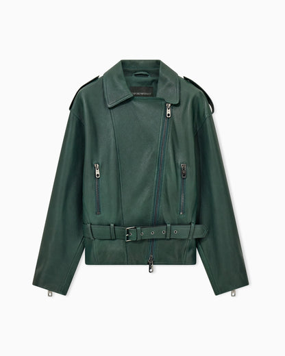 Belted leather biker jacket with an asymmetrical zip