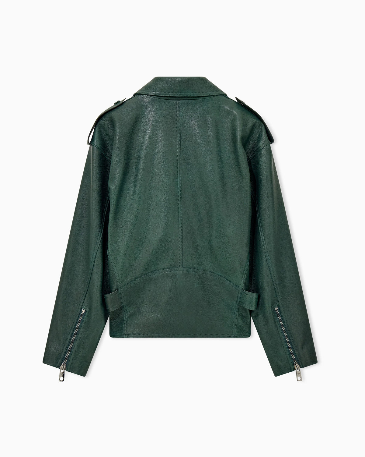 Belted leather biker jacket with an asymmetrical zip