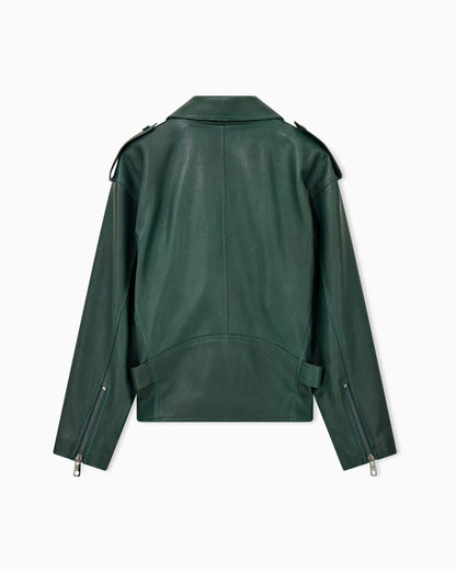 Belted leather biker jacket with an asymmetrical zip