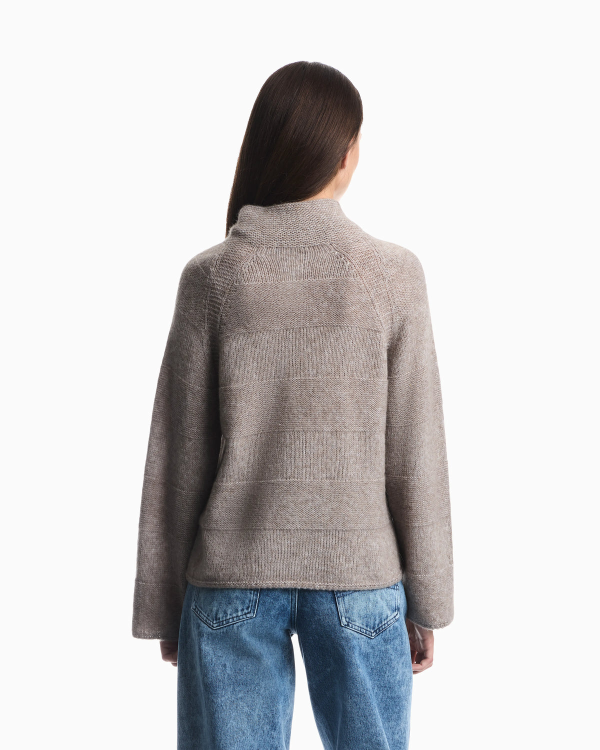 High-neck plain and reverse knit sweater in alpaca and wool