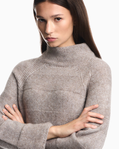 High-neck plain and reverse knit sweater in alpaca and wool