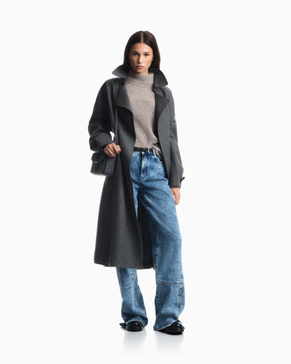 High-neck plain and reverse knit sweater in alpaca and wool