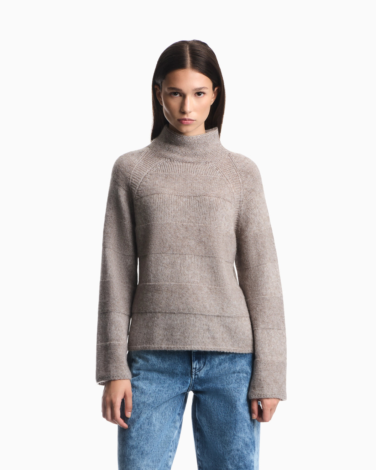 High-neck plain and reverse knit sweater in alpaca and wool