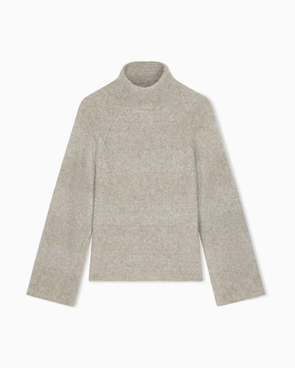 High-neck plain and reverse knit sweater in alpaca and wool