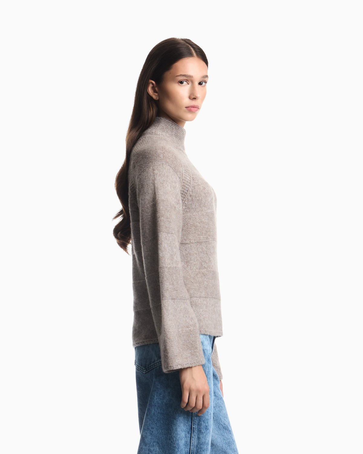 High-neck plain and reverse knit sweater in alpaca and wool