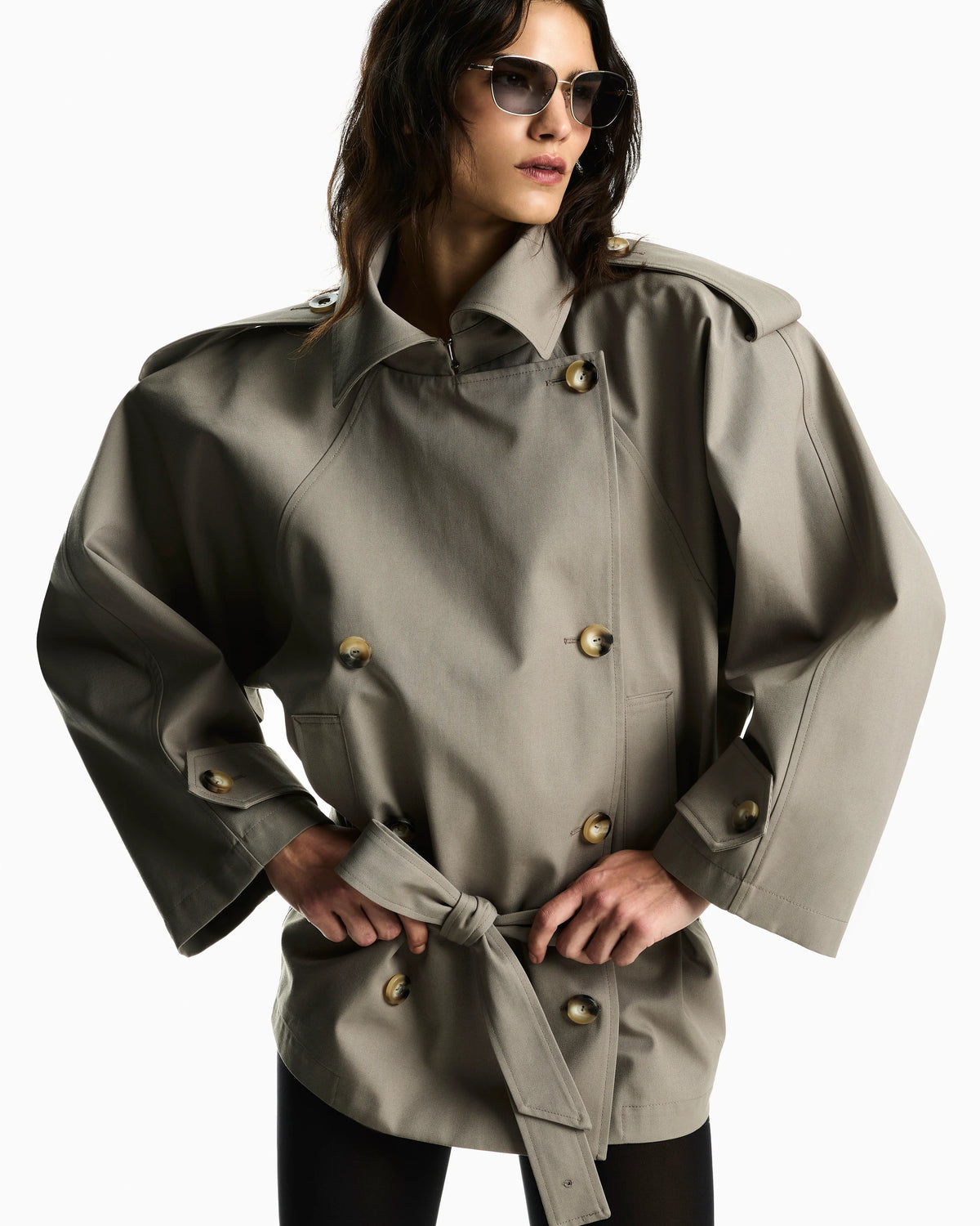 Double-breasted blouson in coated gabardine with a belt