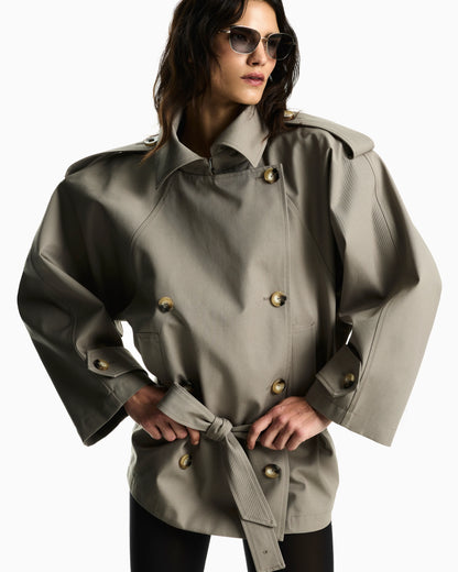 Double-breasted blouson in coated gabardine with a belt