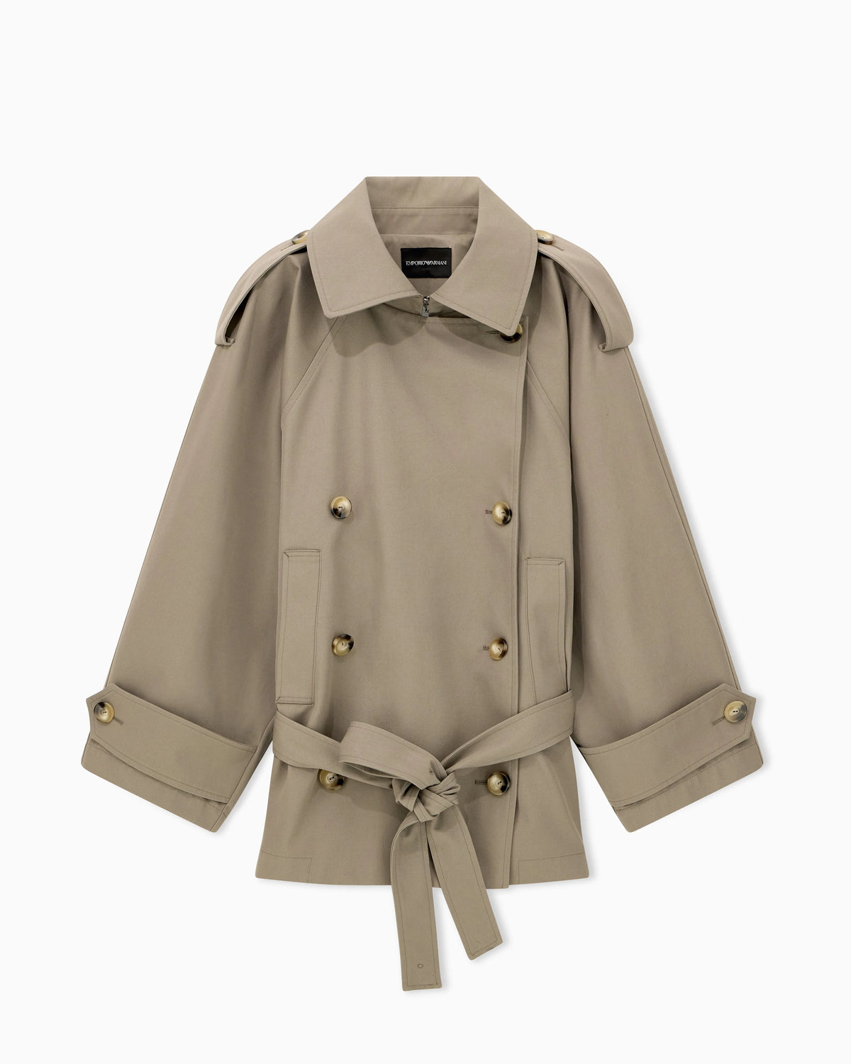 Double-breasted blouson in coated gabardine with a belt