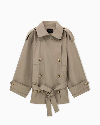 Double-breasted blouson in coated gabardine with a belt