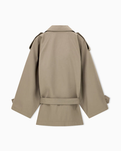 Double-breasted blouson in coated gabardine with a belt