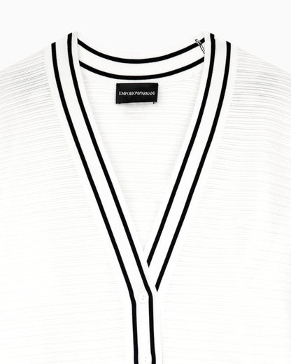 Cardigan in viscose with ribbed texture and striped V-neck