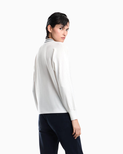 Cardigan in viscose with ribbed texture and striped V-neck