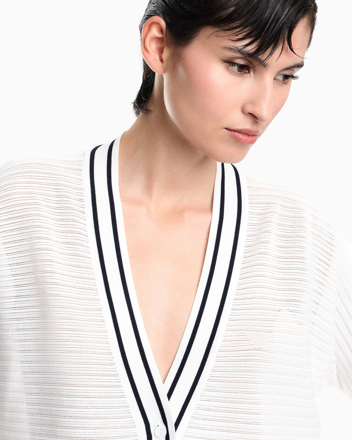 Cardigan in viscose with ribbed texture and striped V-neck