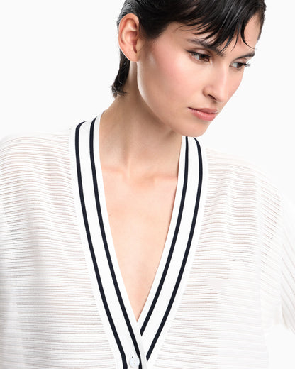 Cardigan in viscose with ribbed texture and striped V-neck