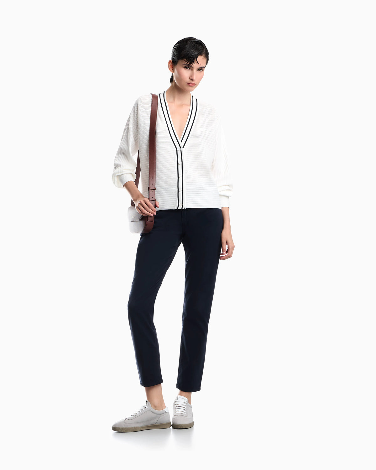 Cardigan in viscose with ribbed texture and striped V-neck