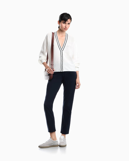 Cardigan in viscose with ribbed texture and striped V-neck