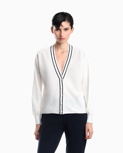 Cardigan in viscose with ribbed texture and striped V-neck