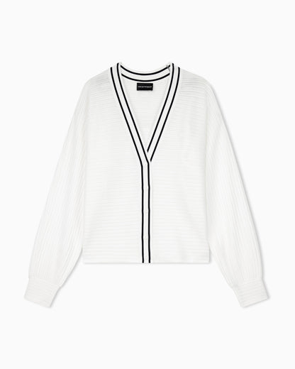 Cardigan in viscose with ribbed texture and striped V-neck