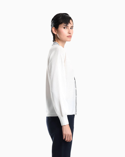 Cardigan in viscose with ribbed texture and striped V-neck