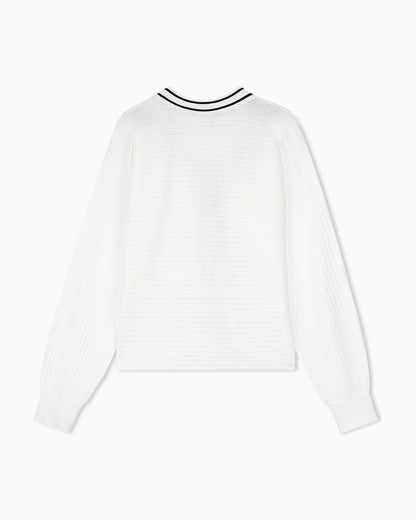 Cardigan in viscose with ribbed texture and striped V-neck