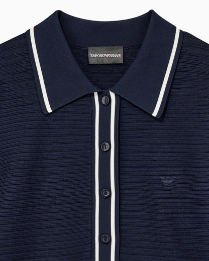 Polo shirt in textured viscose with contrast striped trim