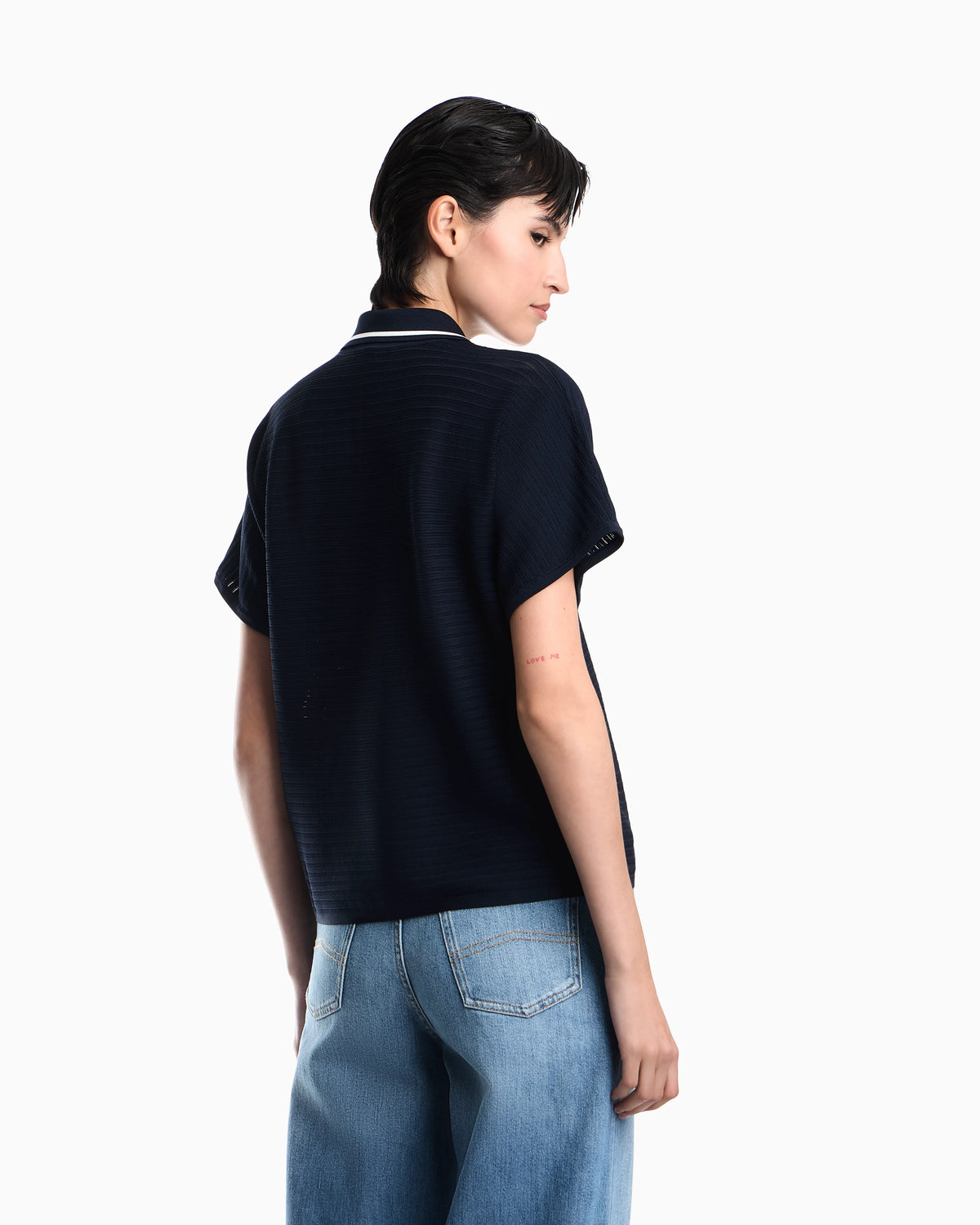 Polo shirt in textured viscose with contrast striped trim