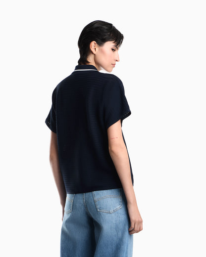 Polo shirt in textured viscose with contrast striped trim