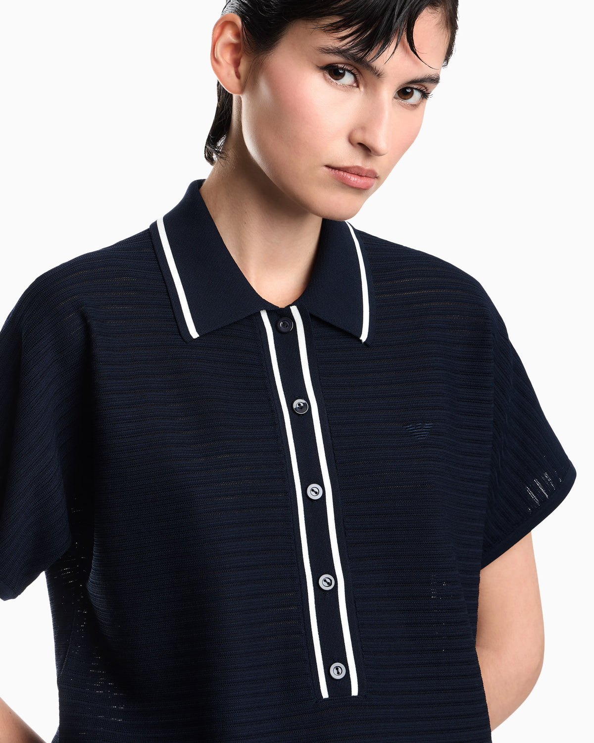 Polo shirt in textured viscose with contrast striped trim