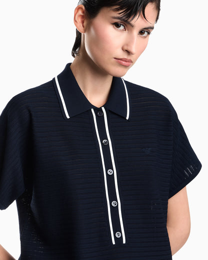 Polo shirt in textured viscose with contrast striped trim
