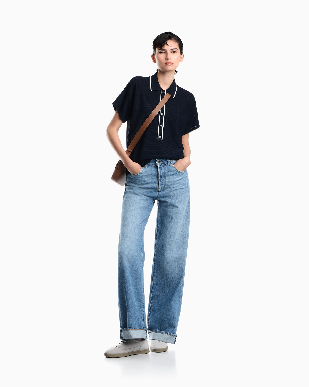 Polo shirt in textured viscose with contrast striped trim