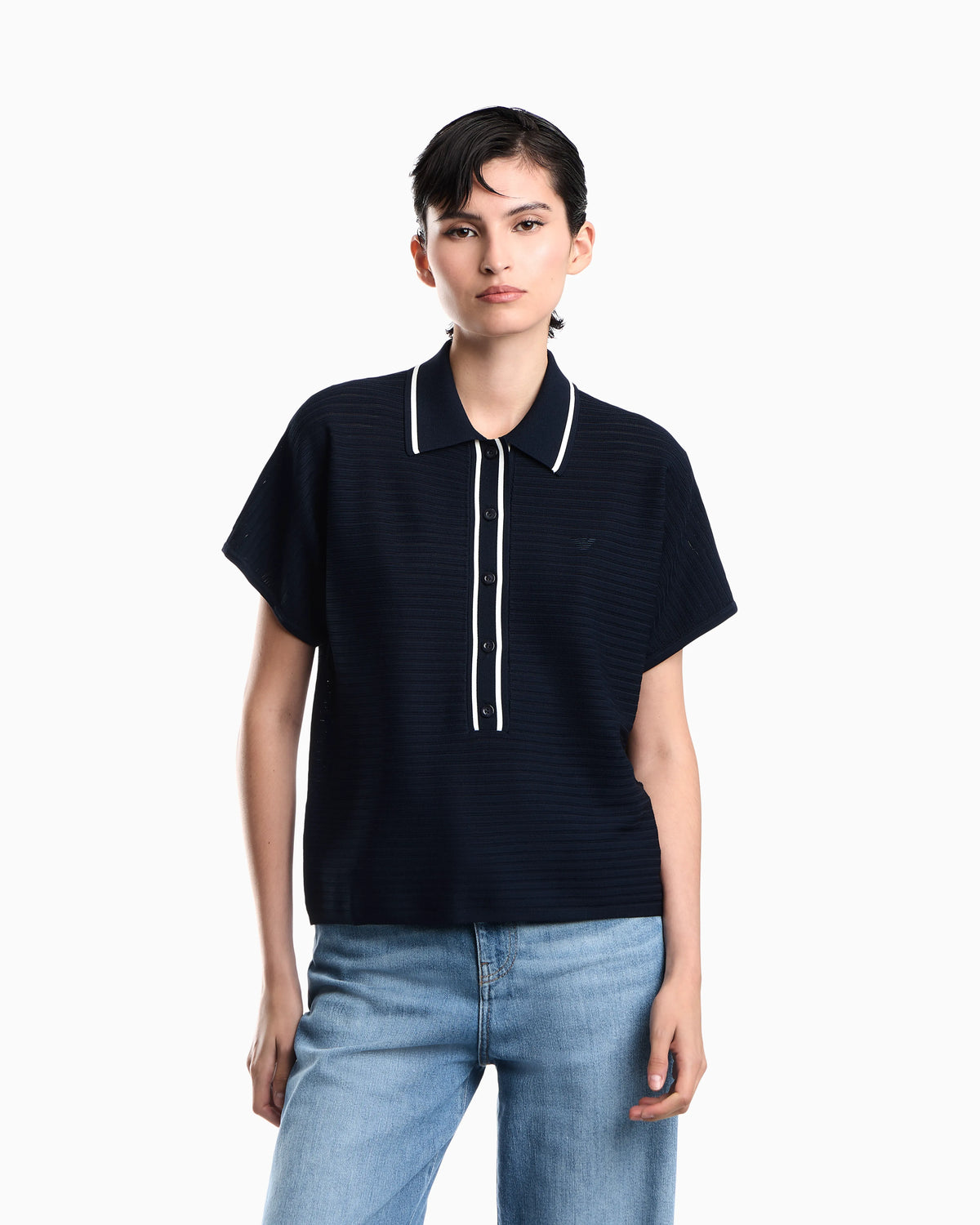 Polo shirt in textured viscose with contrast striped trim