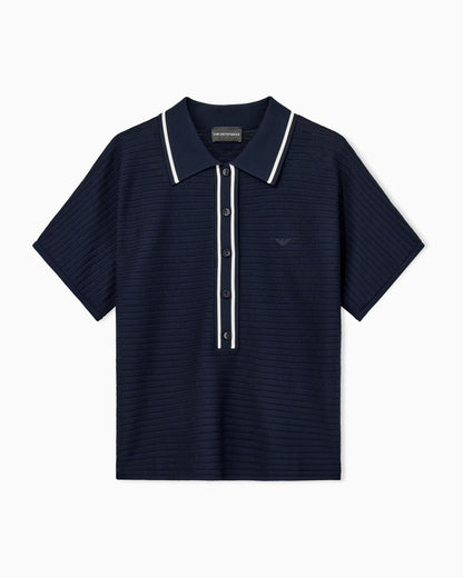 Polo shirt in textured viscose with contrast striped trim