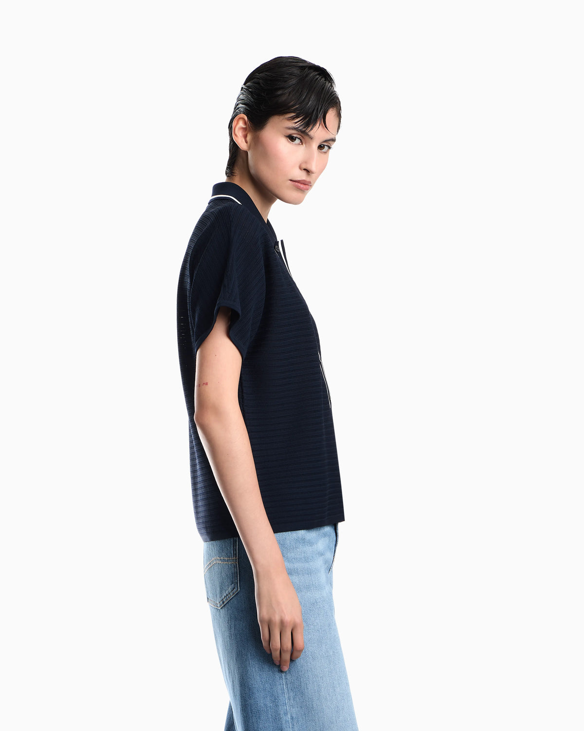 Polo shirt in textured viscose with contrast striped trim