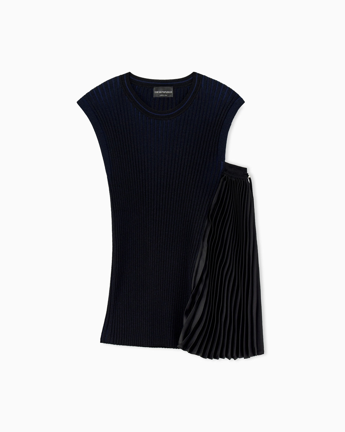 Knit top with asymmetrical and sleeveless ribbed design and pleated panel