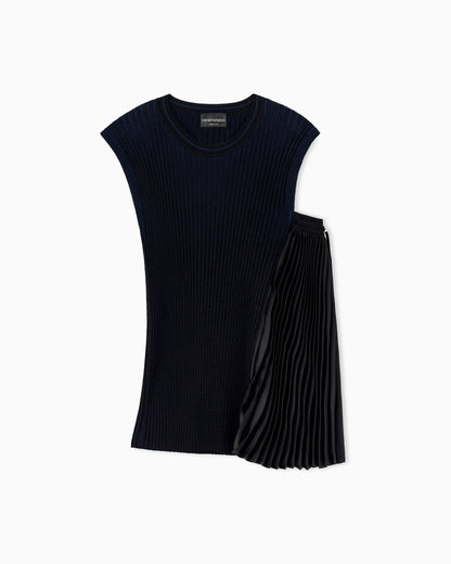 Knit top with asymmetrical and sleeveless ribbed design and pleated panel