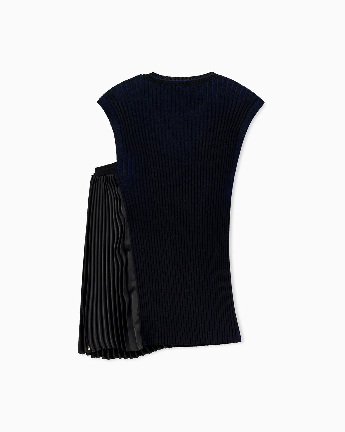 Knit top with asymmetrical and sleeveless ribbed design and pleated panel