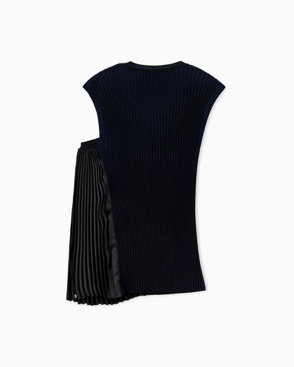 Knit top with asymmetrical and sleeveless ribbed design and pleated panel