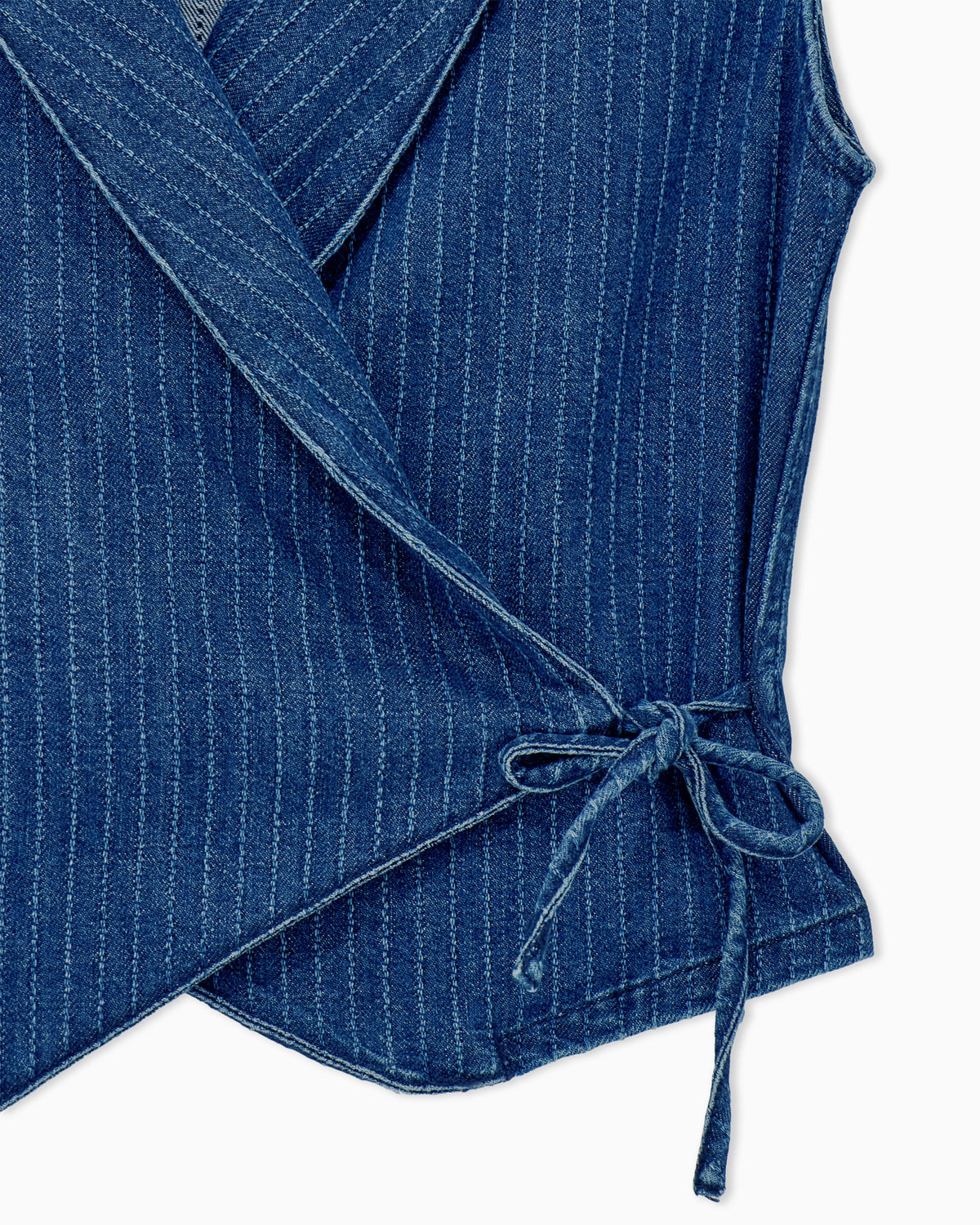 Pinstriped denim wrap waistcoat with lapels and a side tie