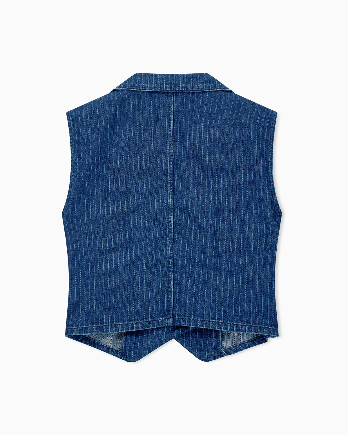 Pinstriped denim wrap waistcoat with lapels and a side tie