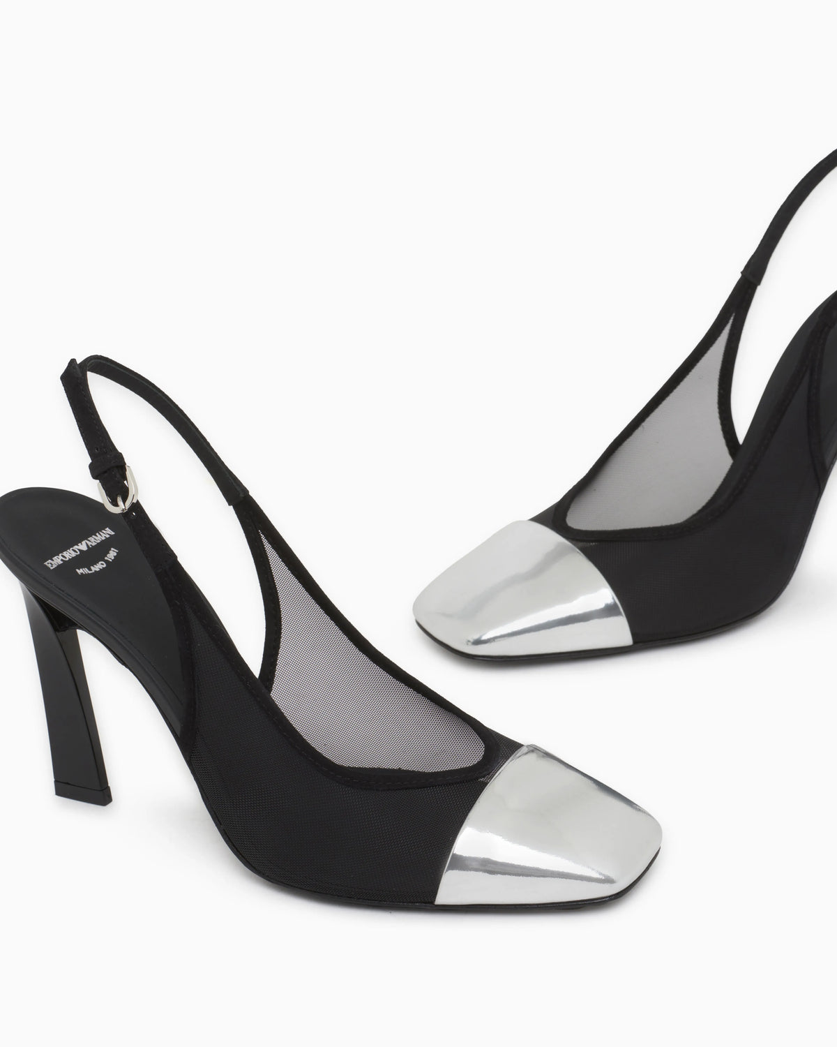 Slingback heels in mesh and suede with a mirrored toe cap