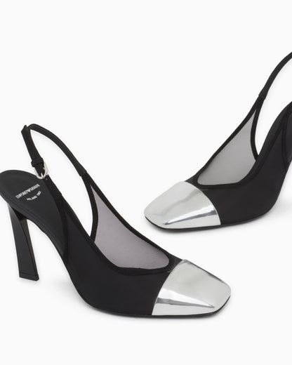 Slingback heels in mesh and suede with a mirrored toe cap