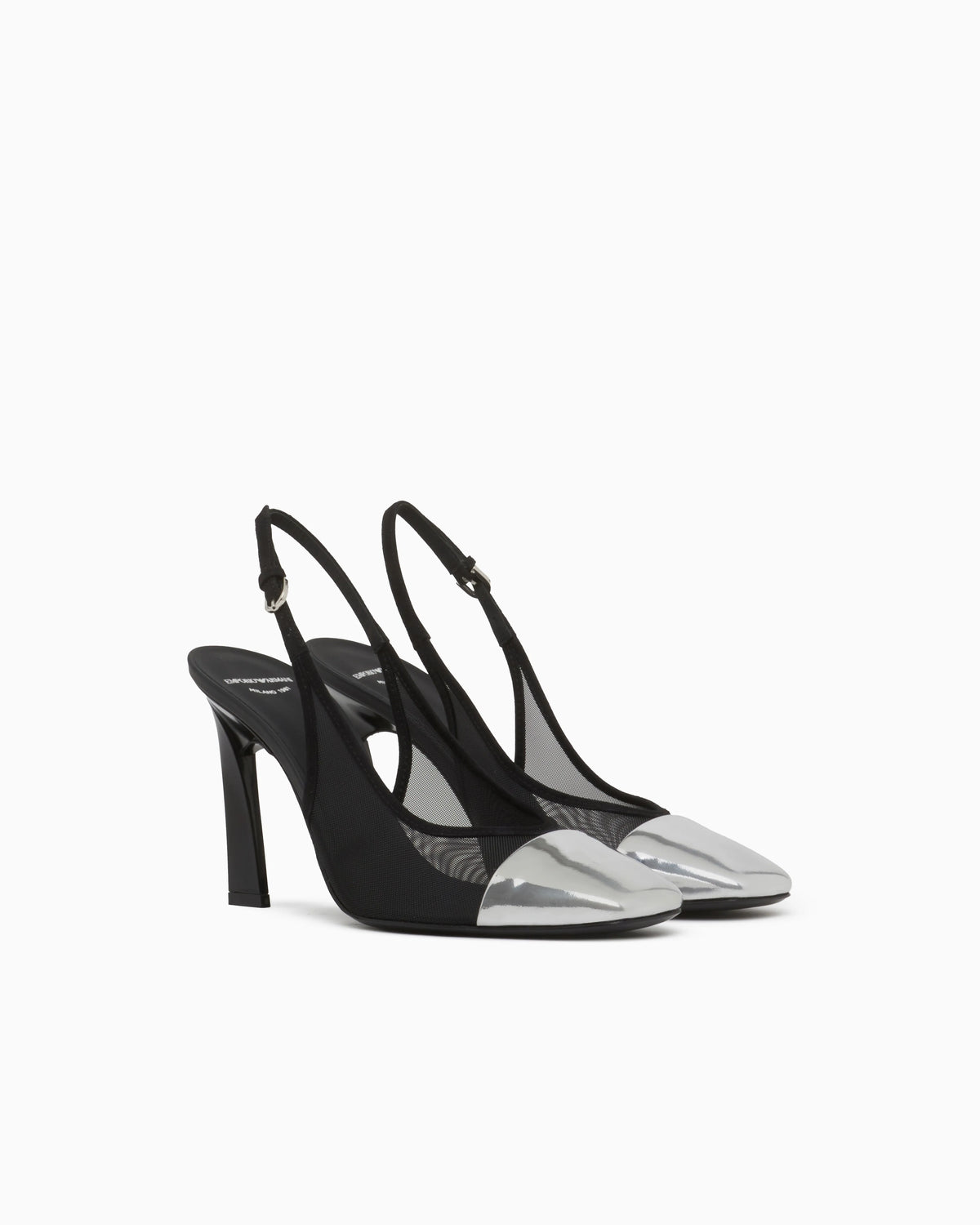 Slingback heels in mesh and suede with a mirrored toe cap