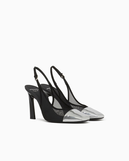 Slingback heels in mesh and suede with a mirrored toe cap