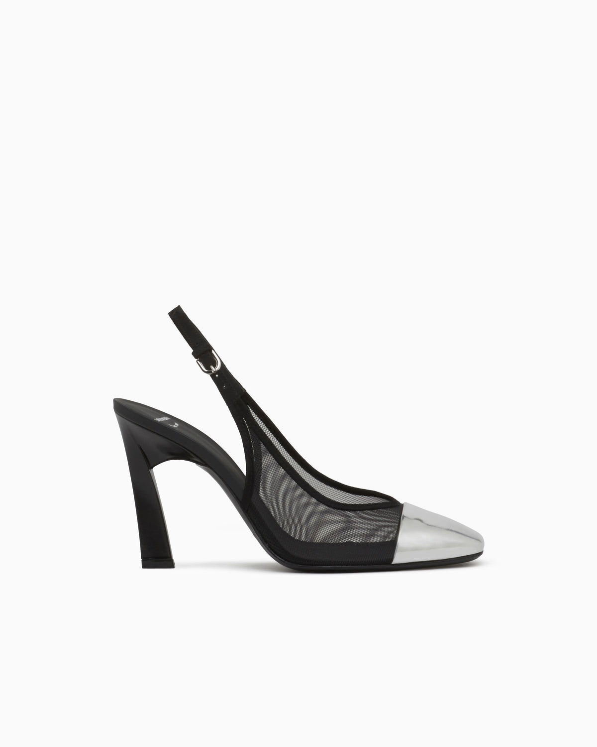 Slingback heels in mesh and suede with a mirrored toe cap